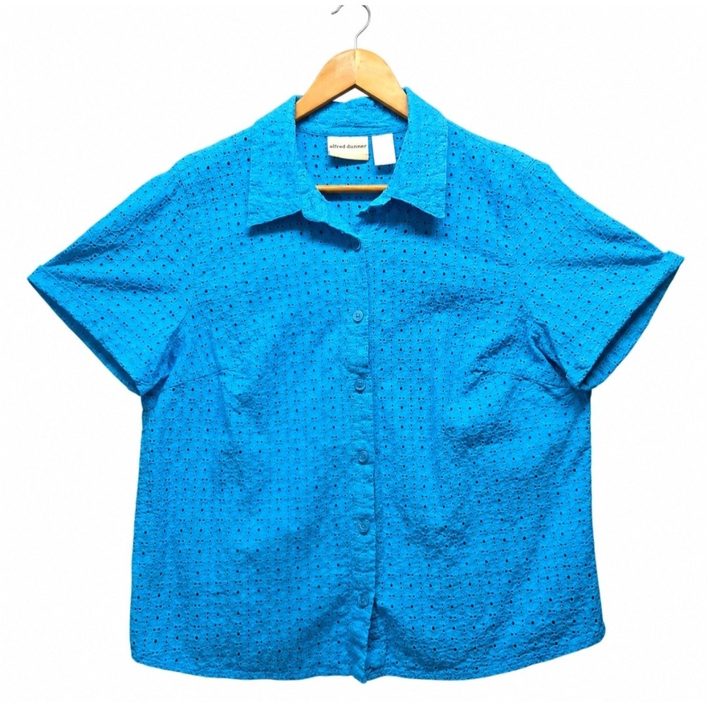 Alfred Dunner Eyelet Blouse 16W Turquoise Blue Cotton Cottagecore Coastal Granny